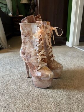 Pink Opal 7” Mercy Boots with Ribbon Laces - Hella Heels